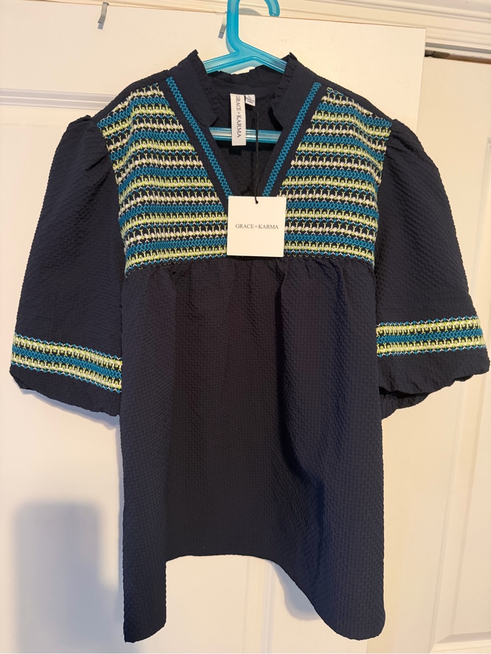 New Grace + Karma Navy Embroidered Women's Top